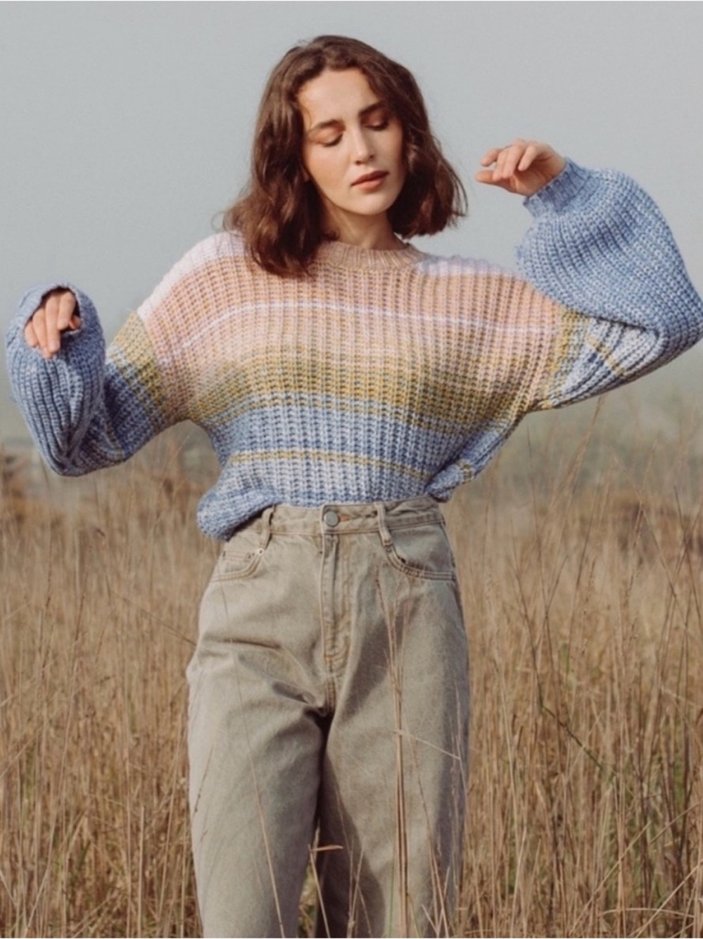 525 America Pastel Colorblock Ribbed Knit Crewneck Sweater Size M